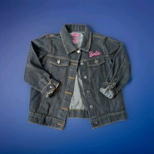 Barbie Graphic Denim Jean Jacket Girls Medium Button Front Dark Strong Girls